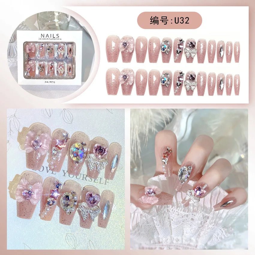 24pcs/box Luxury Pink Long Coffin Fake Nails Y2K Moon Star Rhinestones Press On Nails Handmade Full Cover Reusable False Nails - EverHype