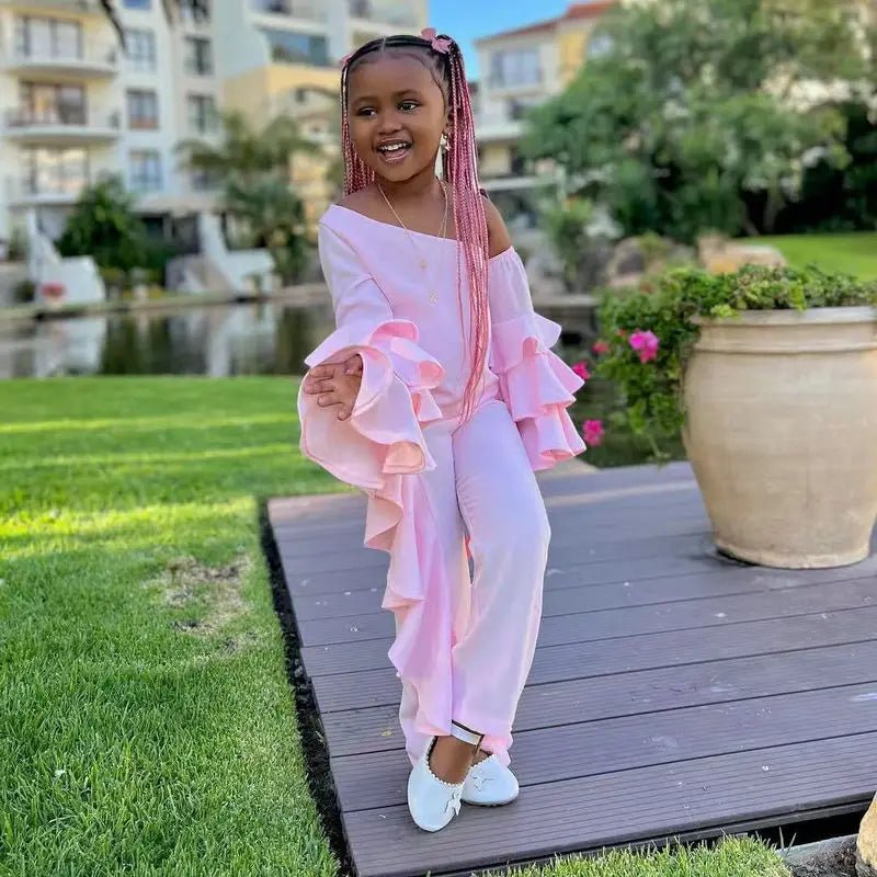 Girls Pink Off - Shoulder Set - Long Sleeve Top & Ruffled Pants Outfit - EverHype
