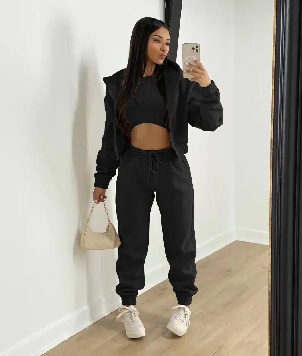 3pcs Women's Clothing Set Fleece - lined Hooded Sweater &Sleeveless Tank Top & Sports Sweatpants Pants - EverHype