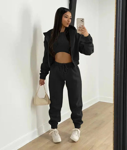 3pcs Women's Clothing Set Fleece - lined Hooded Sweater &Sleeveless Tank Top & Sports Sweatpants Pants - EverHype