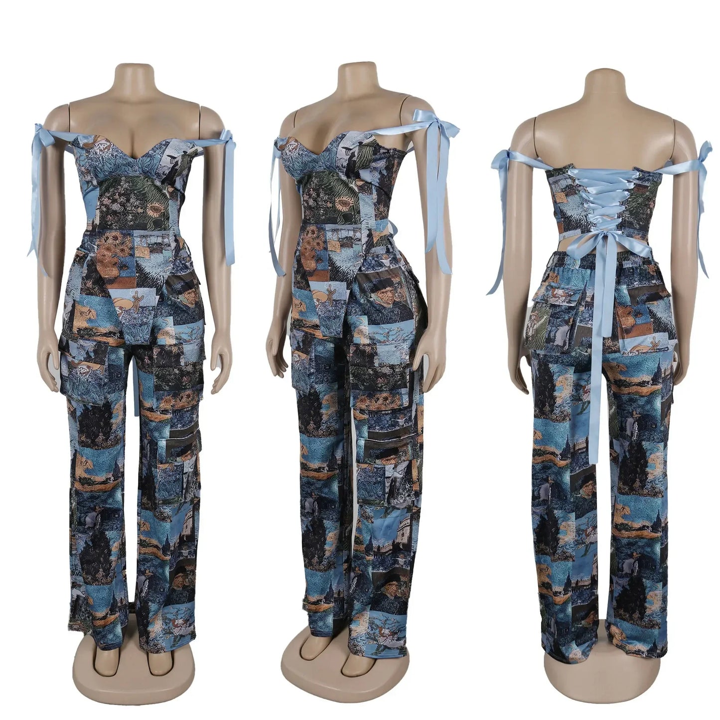 Women's Oil Painting 2 - Piece Set - Lace - Up Crop Top & Pants | Fall Winter Outfit - EverHype