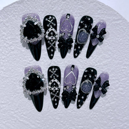 10Pcs Black Handmade Press On Nails Coffin Fake Nails Full Cover Gradient Metal Contrast Artificial Manicure Wearable Nail Tips - EverHype