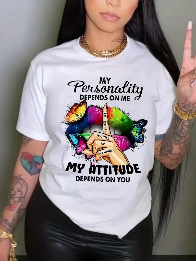 Butterfly and Lip Printed Plus Size T-Shirt Women Short Sleeved Round Neck Casual Top Fashionable Street Original Style Tops - EverHype