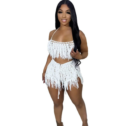 Women's Crochet Beach Set - See - Through Knit Fringed 2 - Piece | Summer Vacation Outfit - EverHype