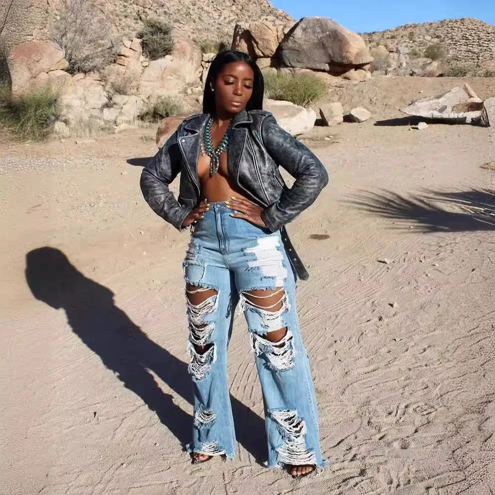 Jeans Women Long Pants Elegant Splice Denim Pant Slim Fit Sexy Hole High Waist Button Pocket Straight Trousers Summer 2024 - EverHype