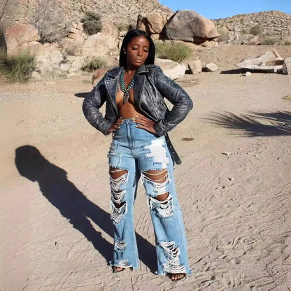 Jeans Women Long Pants Elegant Splice Denim Pant Slim Fit Sexy Hole High Waist Button Pocket Straight Trousers Summer 2024 - EverHype