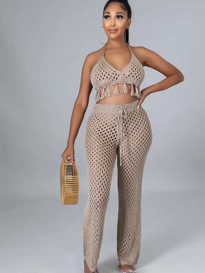 JRRY Sexy Women Knitted Set Two Pieces Set Halter Backless Bra Top Pants Crocheted 2 Pieces Set Hollow Out Crochet Beach Wear - EverHype