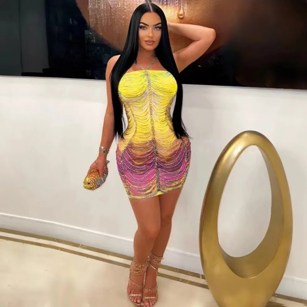Rainbow Crystal Tassel Dress - Halter Neck Bodycon Midi | Evening Party Dress - EverHype
