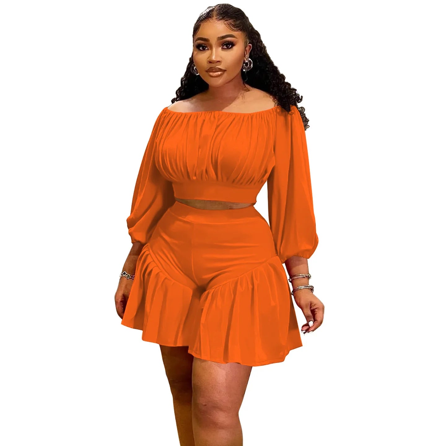 Plus Size 2 - Piece Set - Long Sleeve Slash Neck Top & Shorts for Women - EverHype