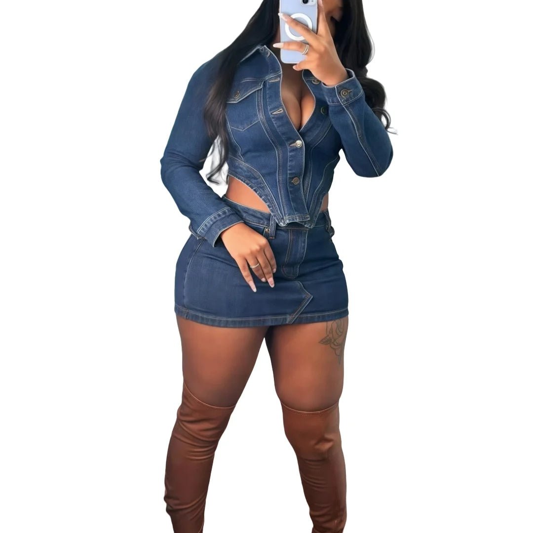 Denim 2 - Piece Set - Patchwork Crop Jacket & Skirt Outfit for Women - EverHype