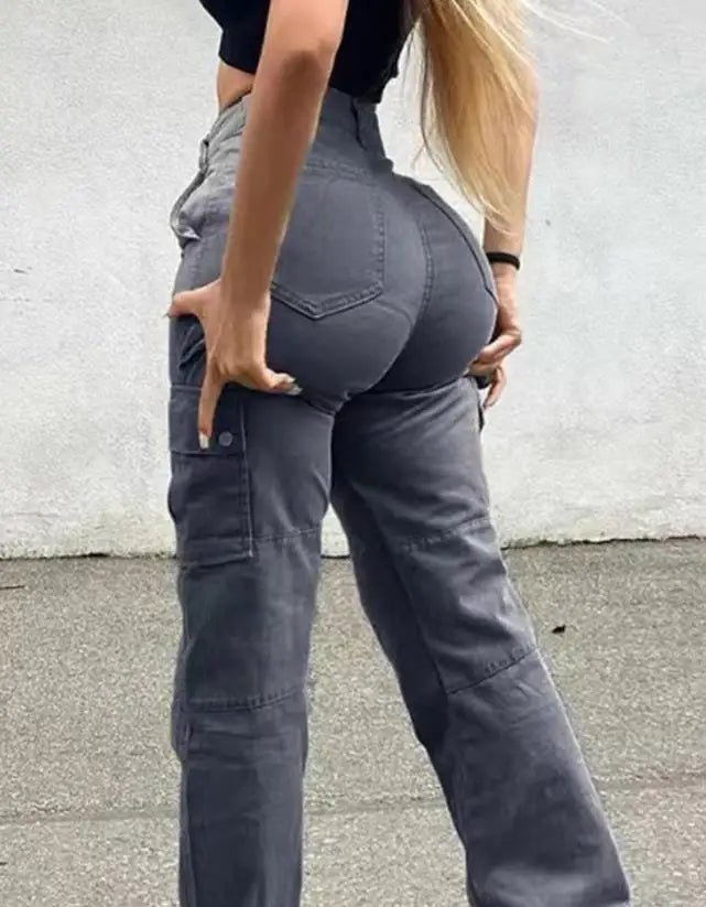 Women New Fashion Pocket Design High Waist Cargo Pants 2023 Cotton & Elastane Summer Women's Plain Daily Casual Trousers - EverHype