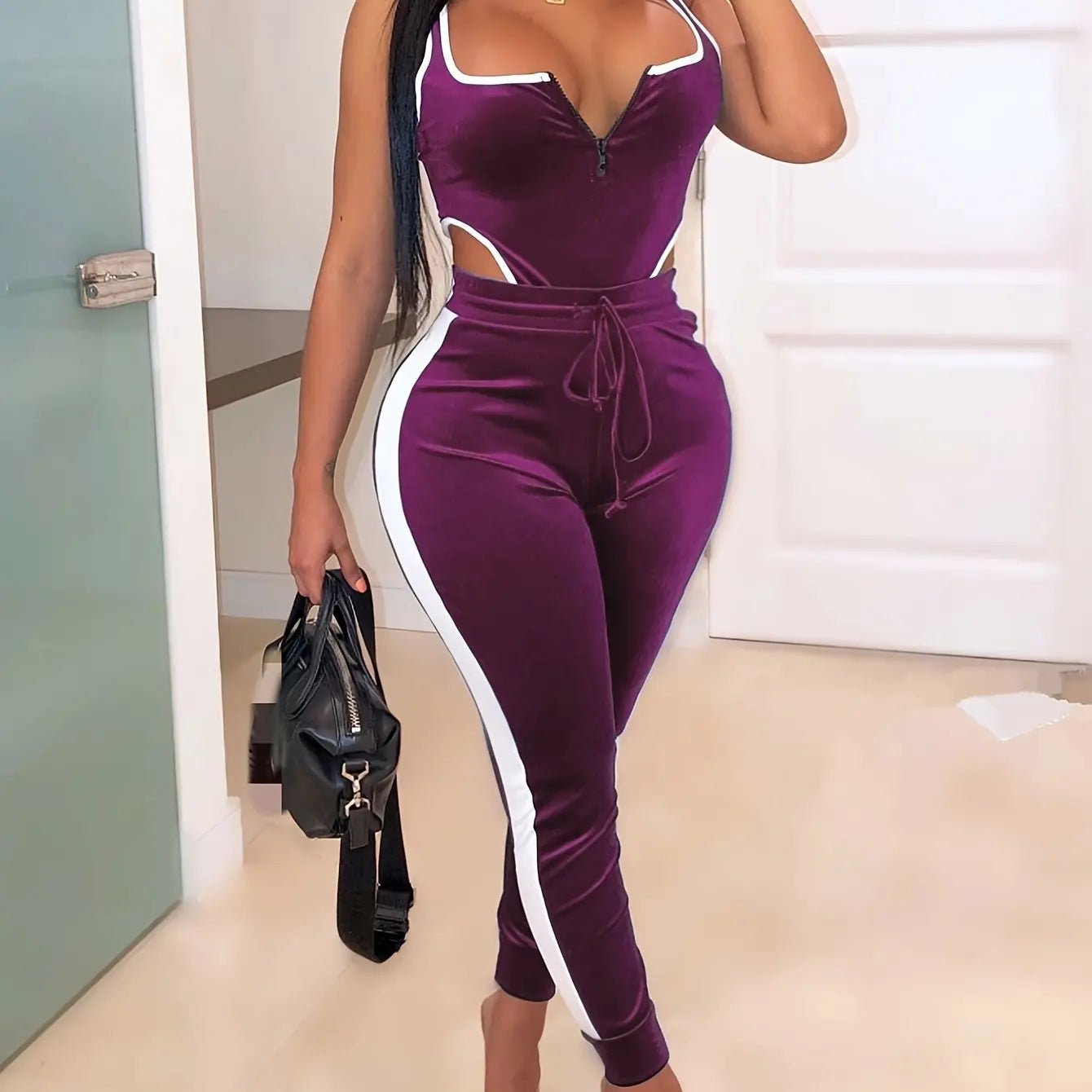 Sexy Bodycon 2pcs Set, Sleeveless Cut Out Bodysuit & High Waist Stretchy Pants, Women's Clothing - EverHype