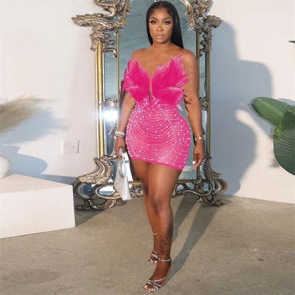 Sexy Feather Rhinestone Dress - Backless Diamond Mesh Bodycon | Birthday Party - EverHype