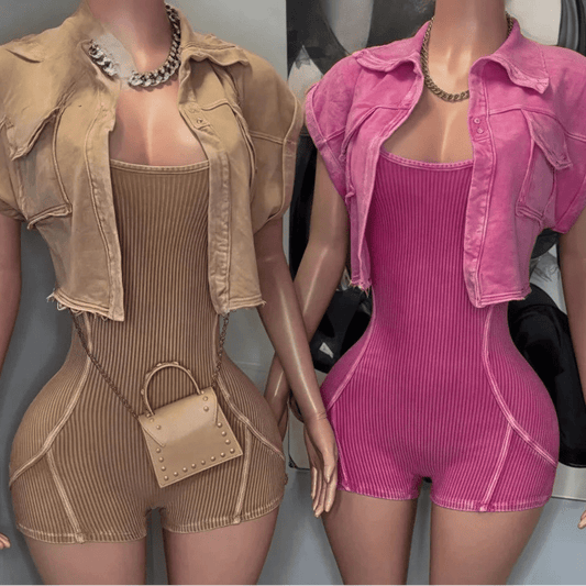 Cotton 2 - Piece Set - Crop Jacket & Bodysuit Outfit for Women - EverHype