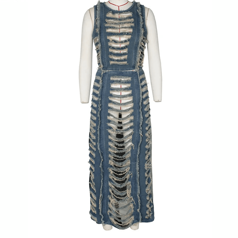 Denim 2 - Piece Set - Hollow Crop Top & Slit Skirt Outfit for Women - EverHype