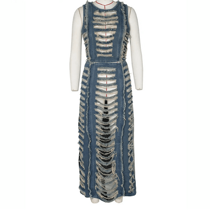 Denim 2 - Piece Set - Hollow Crop Top & Slit Skirt Outfit for Women - EverHype