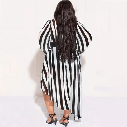 L - 4XL 2022 Fall Plus Size Women Stripe Printing Long Sleeve Irregular Dresses Loose Casual Lady Clothing Dropshipping Wholesale - EverHype