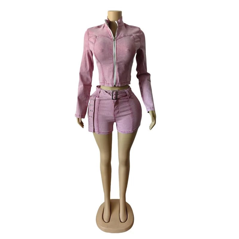 Sexy Denim Womens 2 Two Piece Set Stretchy Long Sleeve Zip Up Slim Jackets and Shorts Suits Y2k Streetwear Belt Jean Outfit Sets - EverHype
