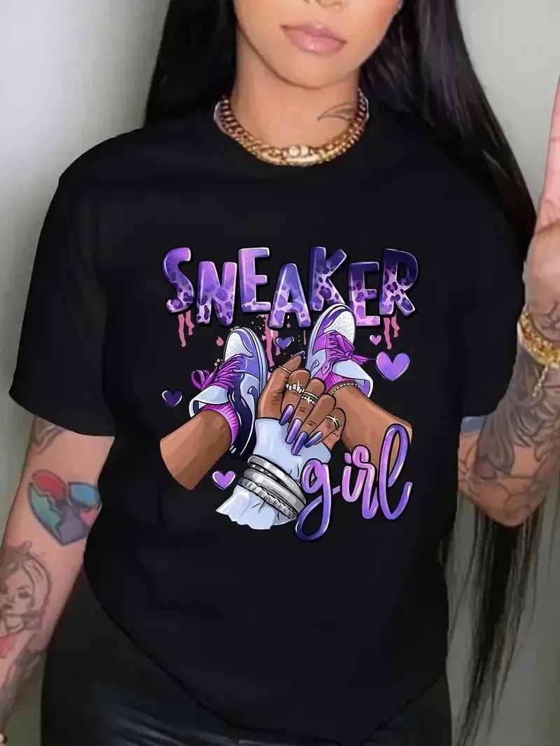 Plus Size Sneaker Girl Graphic Print T-shirt, Casual Short Sleeve Crew Neck Top, Women's Clothing - EverHype