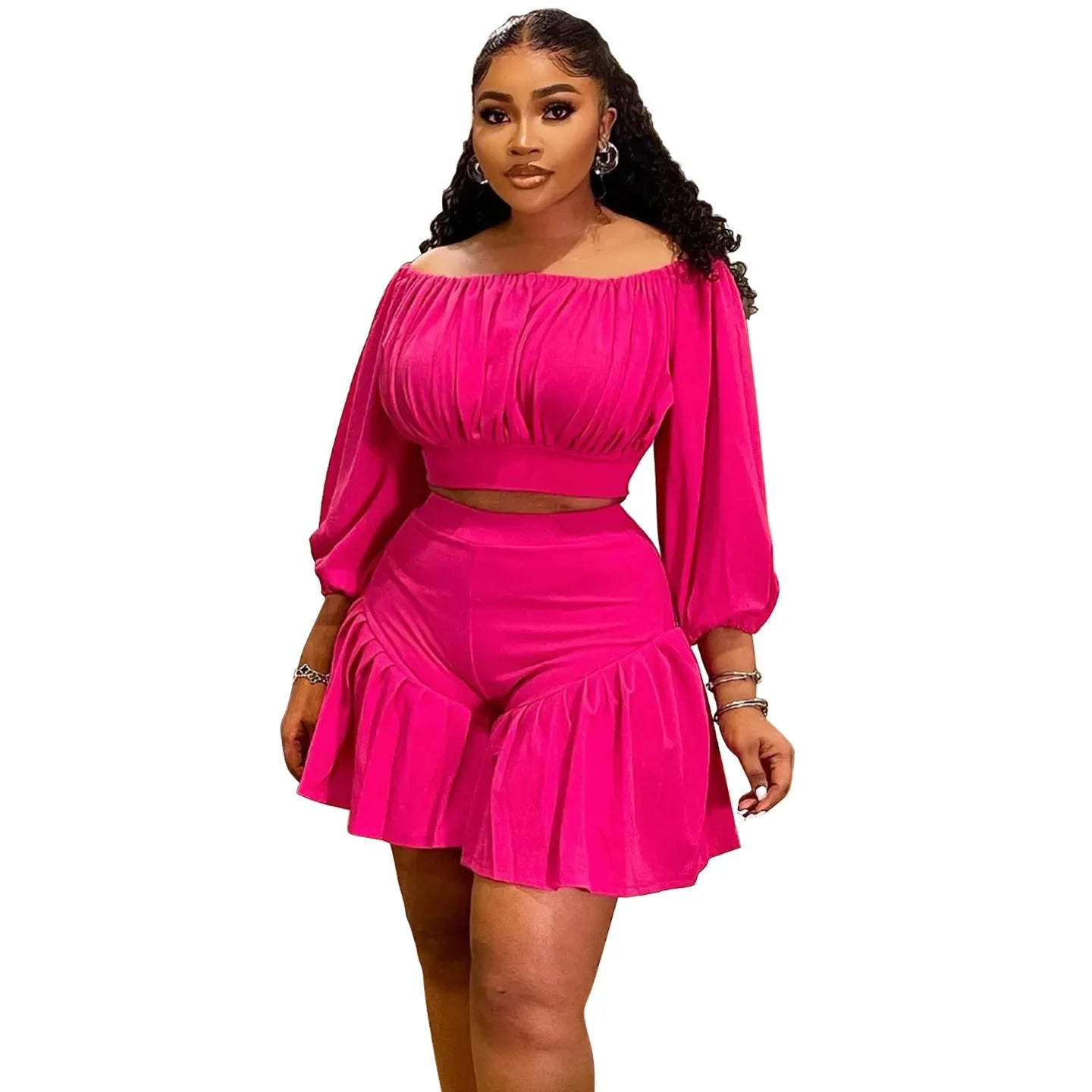 Plus Size 2 - Piece Set - Long Sleeve Slash Neck Top & Shorts for Women - EverHype