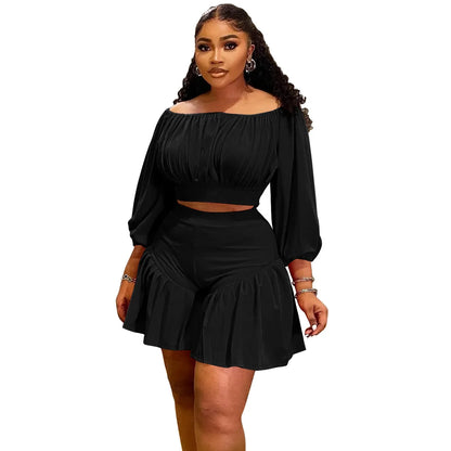Plus Size 2 - Piece Set - Long Sleeve Slash Neck Top & Shorts for Women - EverHype