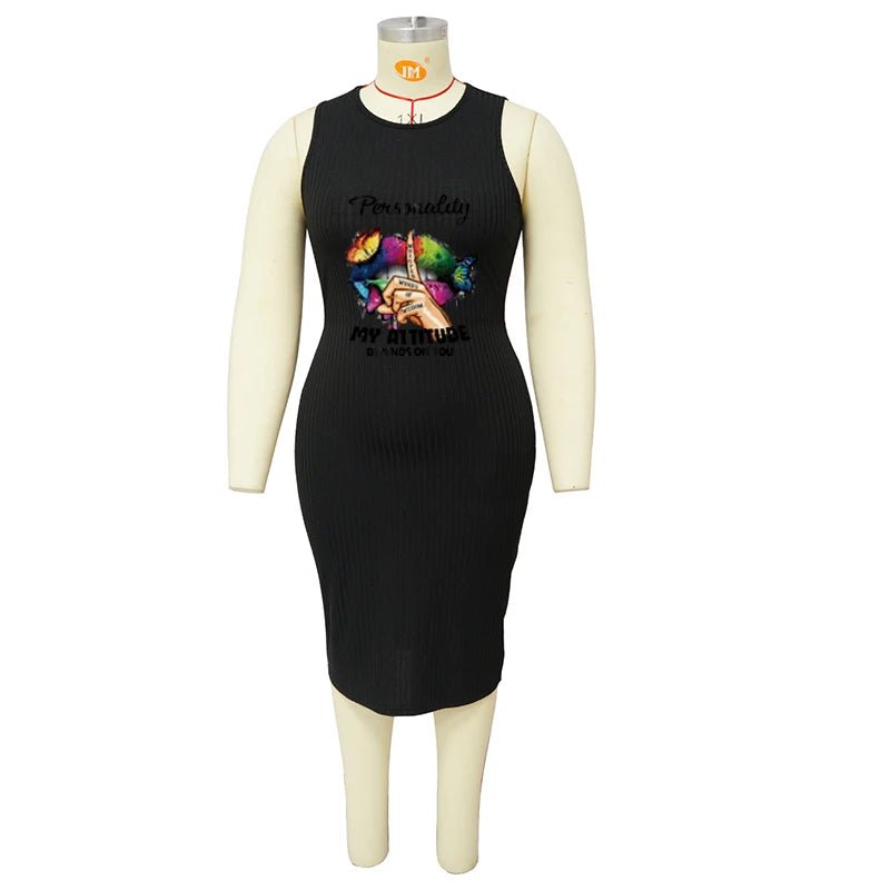 Wmstar Plus Size Women Clothing Dress Summer Lip Print Bodycon Stretch Elegant Midi Dresses Women Wholesale Dropshiping 2023 - EverHype
