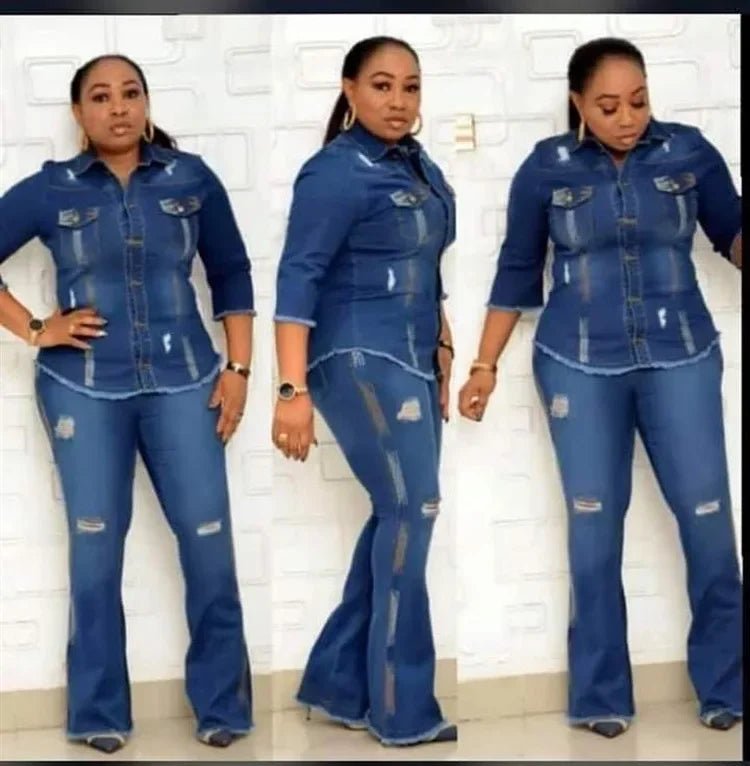 Two Piece Cowboy Denim Set - Jean Jacket & Flare Pants Outfit - EverHype
