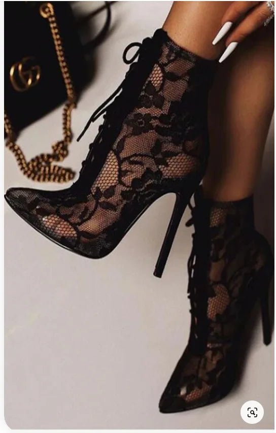 2025 New Black Mature Mesh Women Boots High Heel Pumps Floral Lace - Up Thin High Heels Ankle Pointed Toed Party Wedding Shoes - EverHype