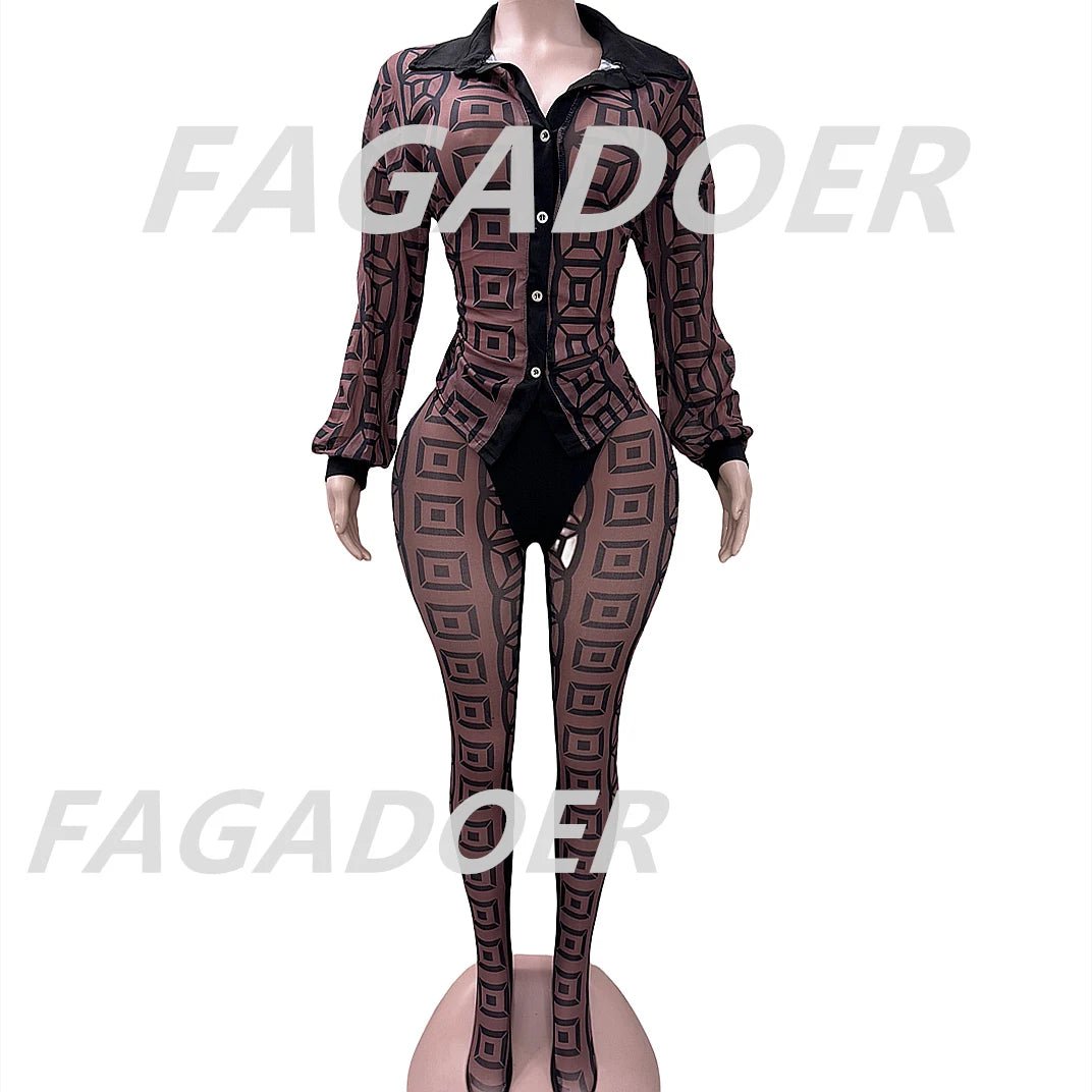 FAGADOER Sexy Mesh Women 2 Piece Set Outfit See Through Long Sleeves Crop Top + Skiny Pants Suits Female Streetwear Clothing New - EverHype