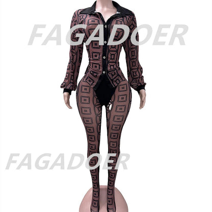 FAGADOER Sexy Mesh Women 2 Piece Set Outfit See Through Long Sleeves Crop Top + Skiny Pants Suits Female Streetwear Clothing New - EverHype
