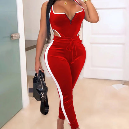 Sexy Bodycon 2pcs Set, Sleeveless Cut Out Bodysuit & High Waist Stretchy Pants, Women's Clothing - EverHype