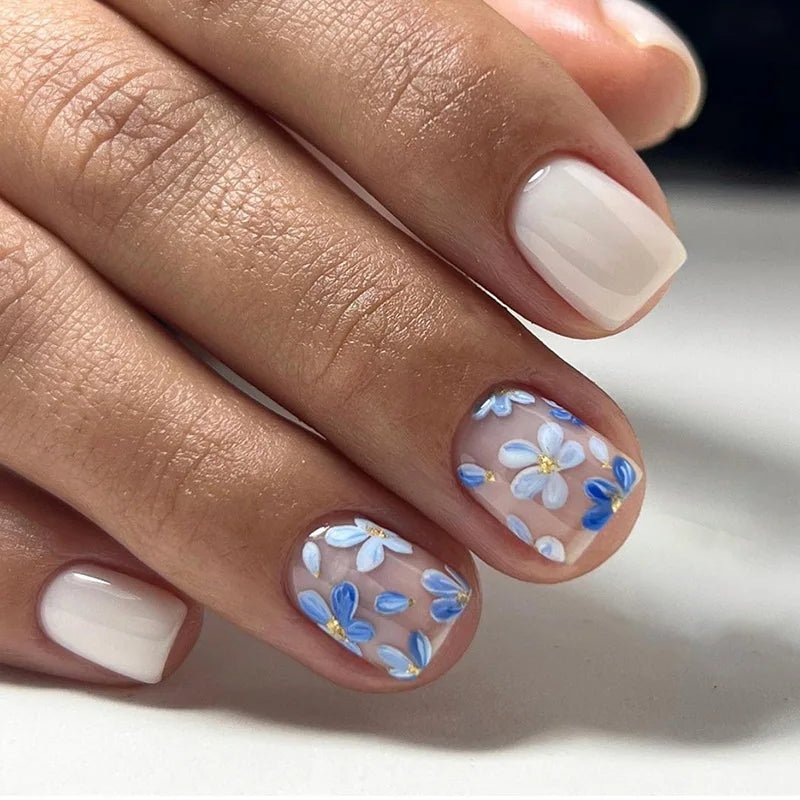 24Pcs Short Square Head Fake Nail with Colorful Flower Designs Wearable French False Nails Ballet Finished Jelly Stick on Nails - EverHype