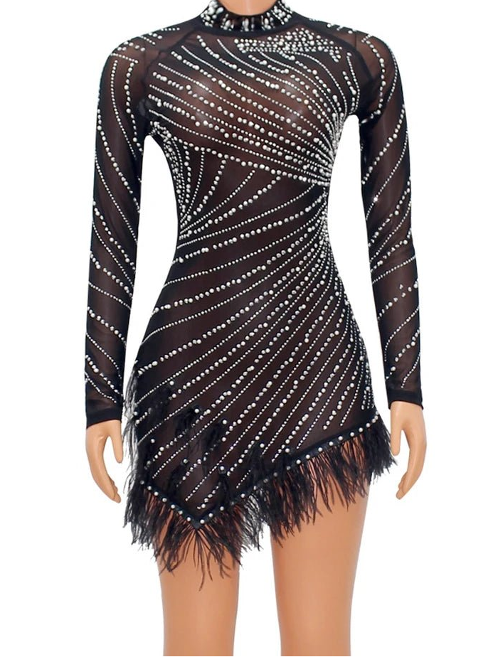 Luxury Feather Rhinestone Dress - Sheer Mesh Short Party Dress | Birthday & Evening - EverHype