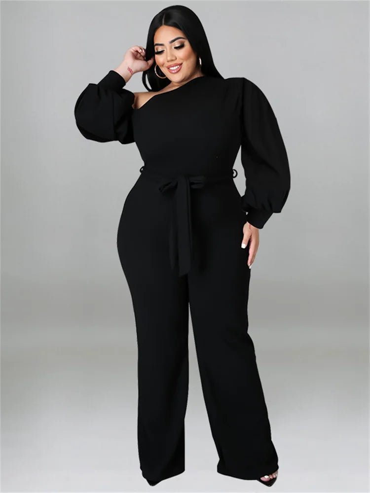 Plus Size Off - Shoulder Jumpsuit - Solid Color Romper with Sashes | Fall Office Lady - EverHype