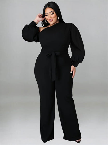 Plus Size Off - Shoulder Jumpsuit - Solid Color Romper with Sashes | Fall Office Lady - EverHype