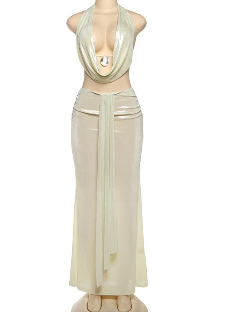 Metallic Skirt Set - Shiny Drape Two - Piece Dress | Backless Straps Clubwear - EverHype