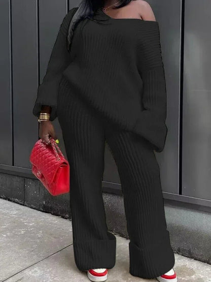 Knit Ribbed V - Neck Sweater & Wide Leg Pants Set - 2 - Piece Outfit | EverHype 2026 - EverHype