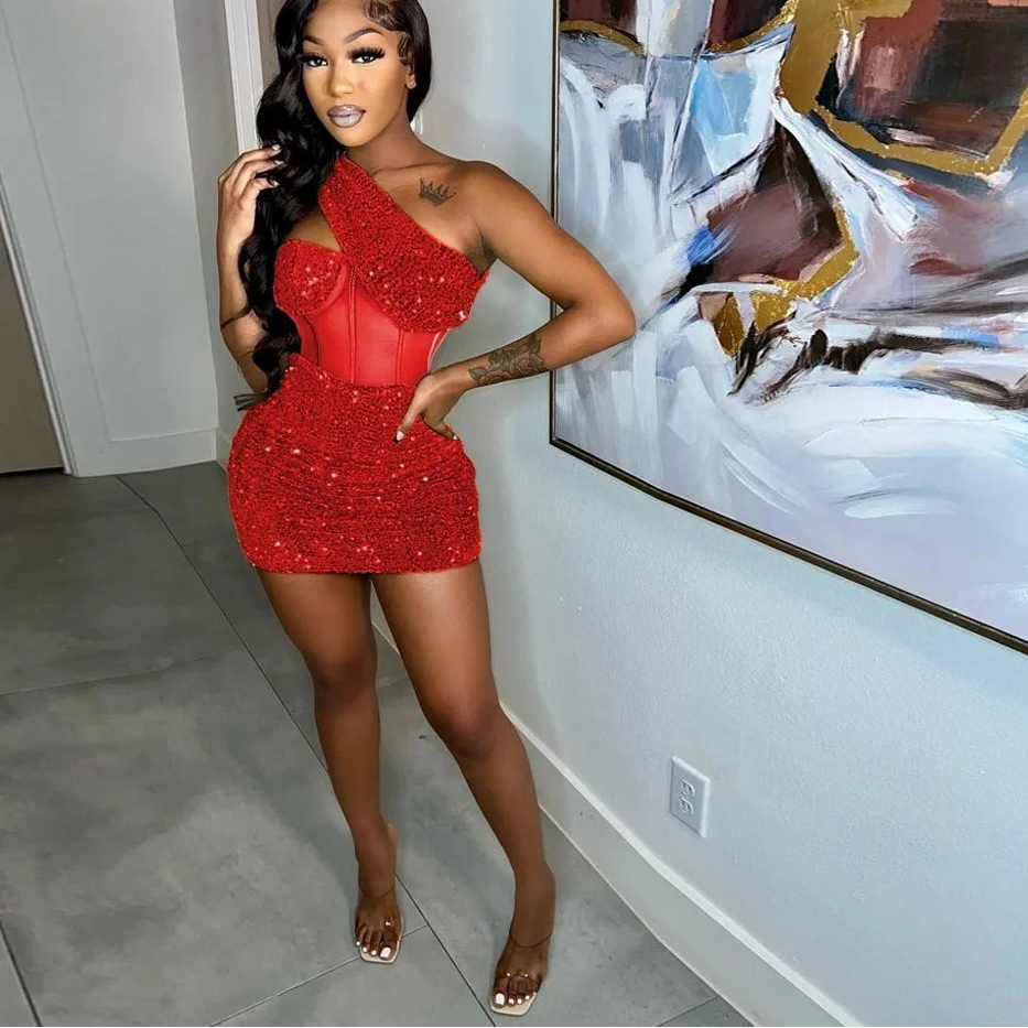 Sequin One Shoulder Party Dress - Sleeveless Backless Mini | Sexy Club Dress - EverHype