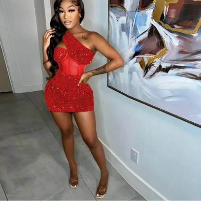 Sequin One Shoulder Party Dress - Sleeveless Backless Mini | Sexy Club Dress - EverHype