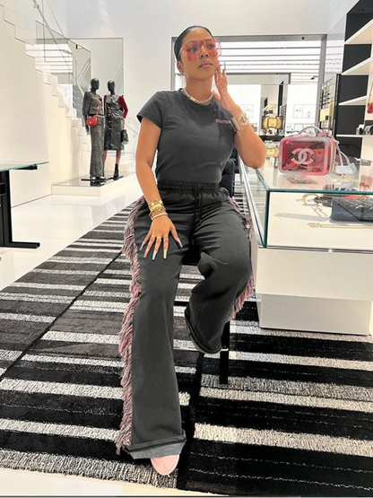 Weird Puss Casual Women 2 Piece Set Tracksuit Sporty Letter Embroidery Crop Tops+Side Tassel Straight Pants Matching Streetwear - EverHype