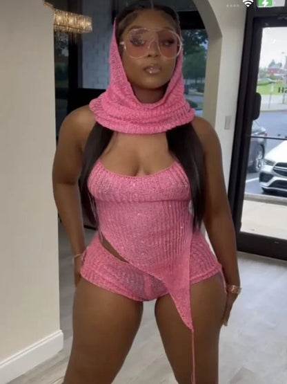 Joskaa Sequins Knit Beach 3 Piece Sets Women Sexy Backless Halter Irregular Top+Head Scarf+Shorts Matching Set Vacation Outfits - EverHype