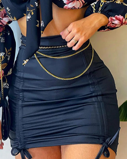 Flowers Print Slash Neck Long Sleeves Crop Top Skirts 2 Pcs Set Sexy Slim Summer Fashion Outfit Streetwear Dress Sets - EverHype