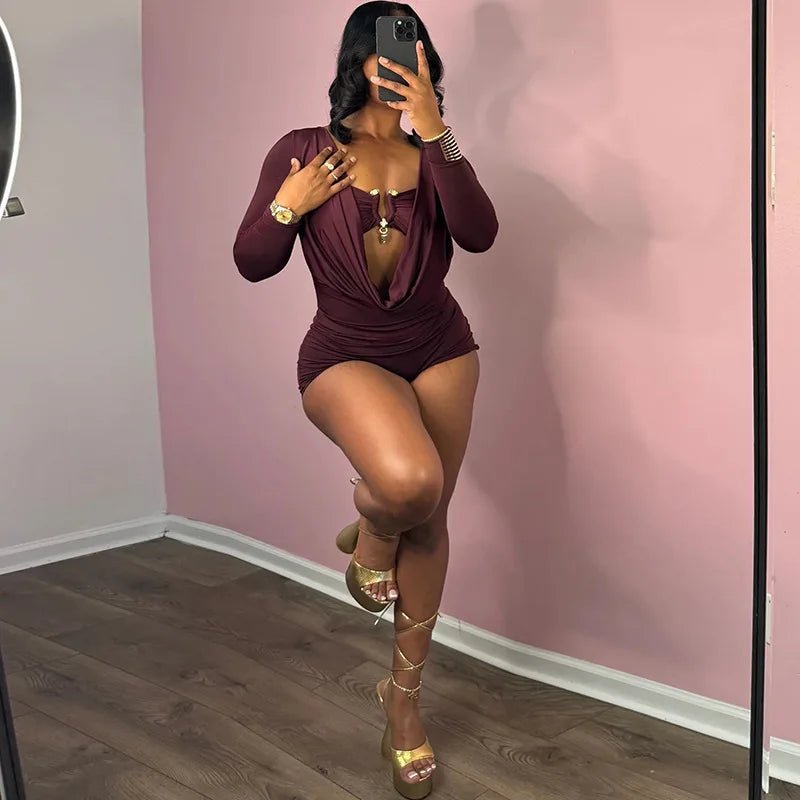 Jumpsuits for Women Sexy Deep V Neck Long Sleeve Romper Solid Color Bodycon Shorts Jumpsuit Club Wear One Piece Going Out Outfit - EverHype