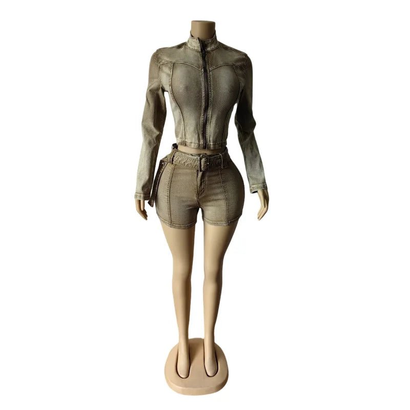 Sexy Denim Womens 2 Two Piece Set Stretchy Long Sleeve Zip Up Slim Jackets and Shorts Suits Y2k Streetwear Belt Jean Outfit Sets - EverHype