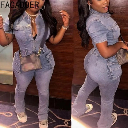FAGADOER Blue Denim Jumpsuits Women Fashion Short Sleeve Lapel Cargo Pocket Stretchy Bodycon One Pieces Jeans Overall Streetwear - EverHype