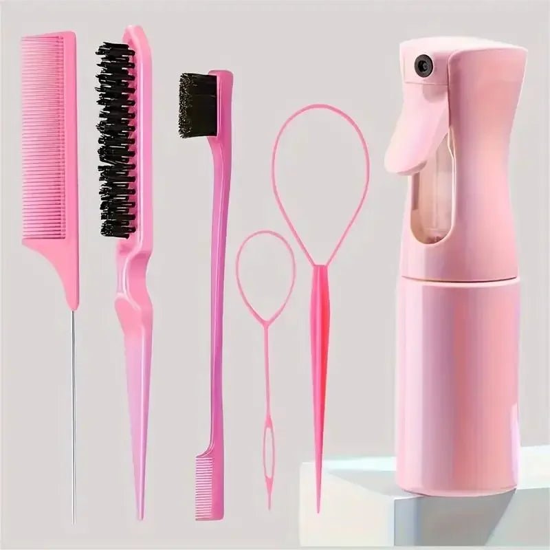 6pcs Hair Brush Set Spray Bottle Hair Braiding Loop Rat Tail Comb Teasing Hair Brsuh Edge Hair Brush Curly Hair Accessories - EverHype