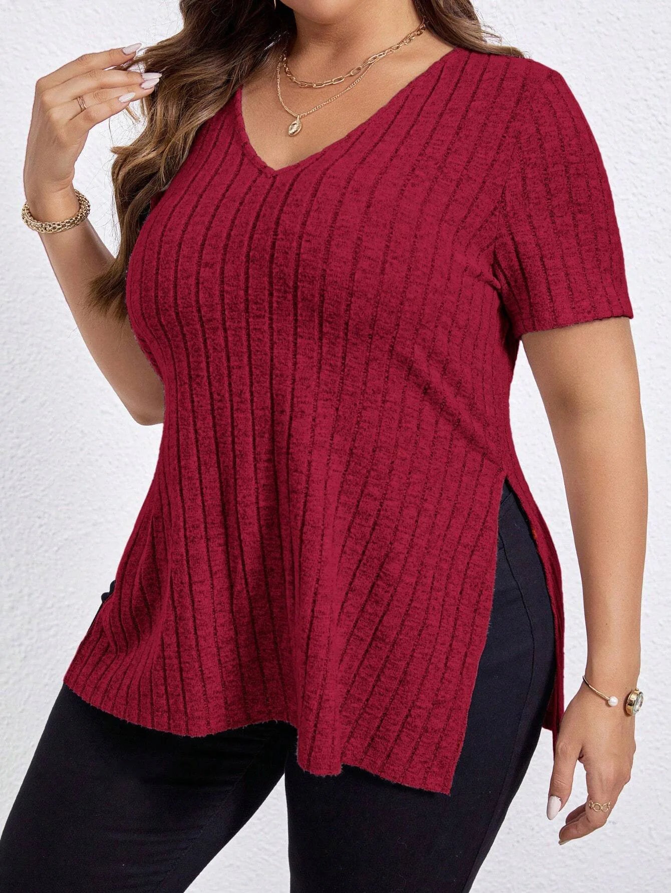 Plus Size V - Neck Striped T-Shirt for Women - EverHype