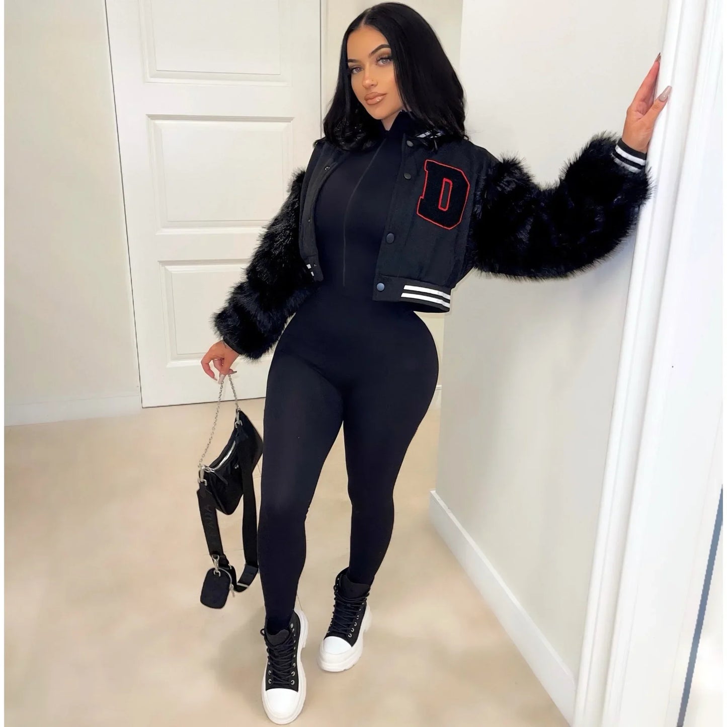 Women's Fur Sleeve Varsity Jacket - D Letter Cropped Baseball Jacket | Streetwear - EverHype