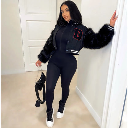 Women's Fur Sleeve Varsity Jacket - D Letter Cropped Baseball Jacket | Streetwear - EverHype
