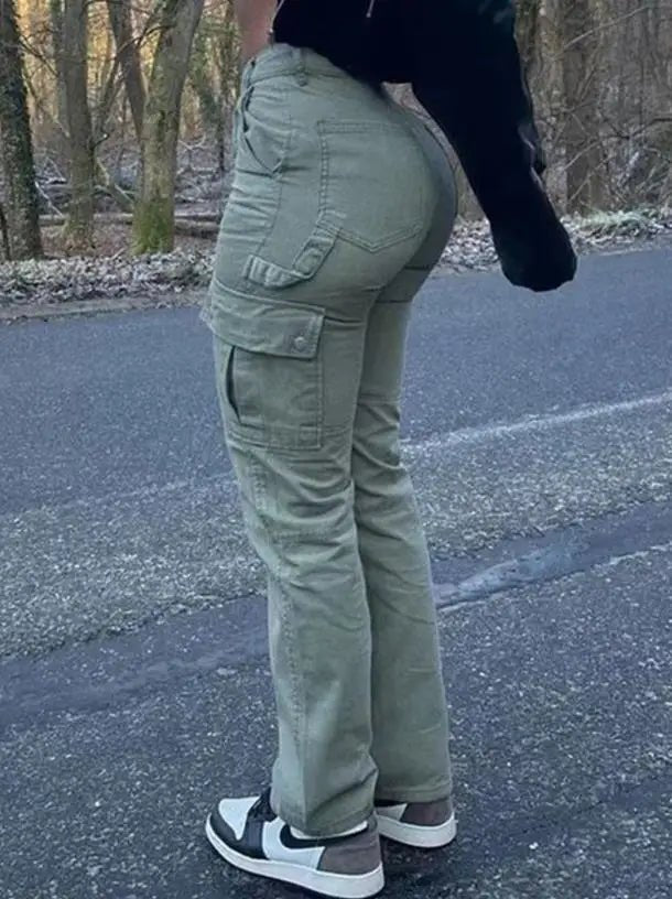 Women New Fashion Pocket Design High Waist Cargo Pants 2023 Cotton & Elastane Summer Women's Plain Daily Casual Trousers - EverHype